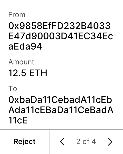 Flex screen clear-signing Amount 12.5 ETH to the bait address, with Reject on the footer.